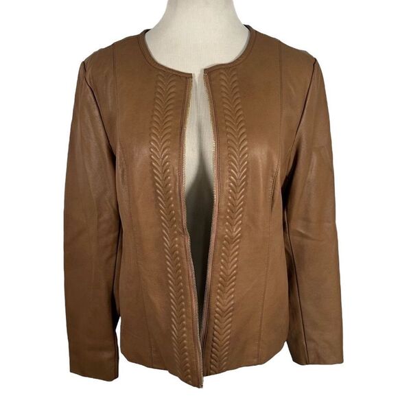 Charter Club Faux Leather Brown JacketZip Up Motorcycle Moto Bomber Medium - Picture 2 of 9